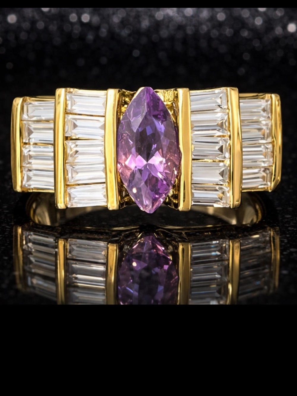Suzanne Somers vintage Marquise cut amethyst baguette CZ Cocktail statement ring